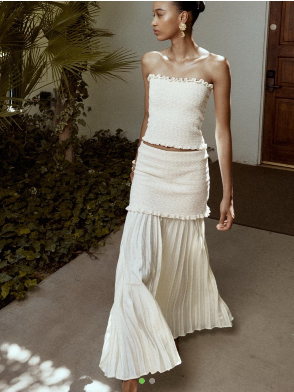Zara Cream Smocked Tube Top & Pleated Maxi Skirt Set